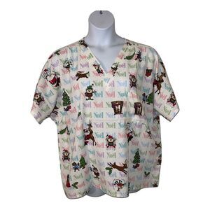 Simply Basic Women's Christmas Scrubs Top XL White Multi